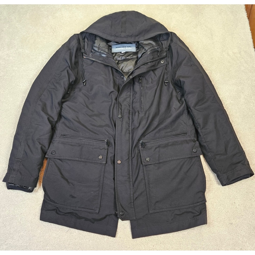 Men's Marc New York Hooded Parka Black Puffer Jacket Liner Sz L Urban Utility